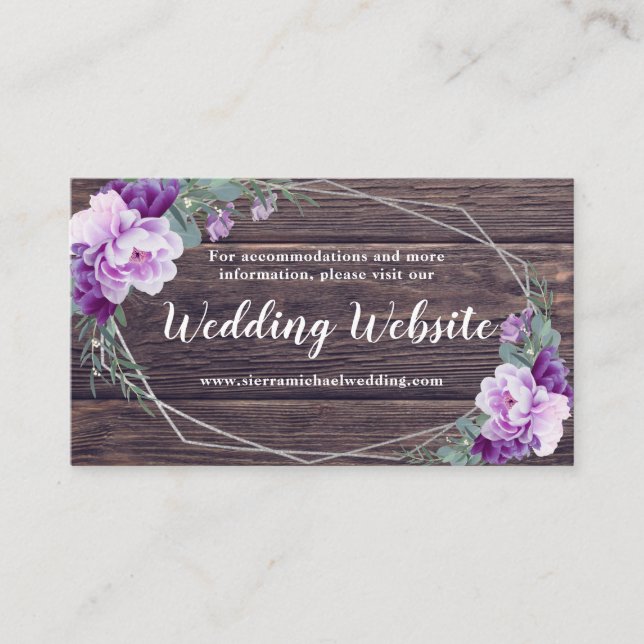 Website für rustikale Hochzeiten und Lila Blumenzw Begleitkarte (Vorderseite)
