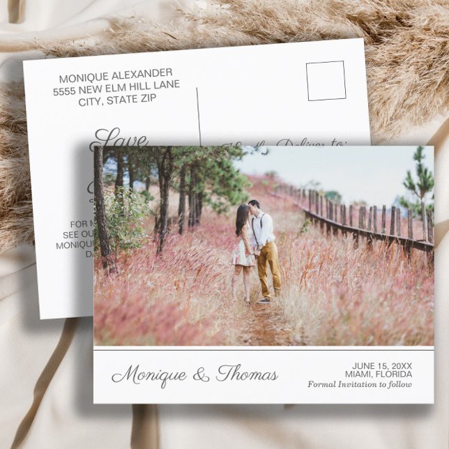Website-Info zur Hochzeitsstichtag-Verlobung-Foto  Ankündigungspostkarte (Wedding Save-the-Date photo postcard)