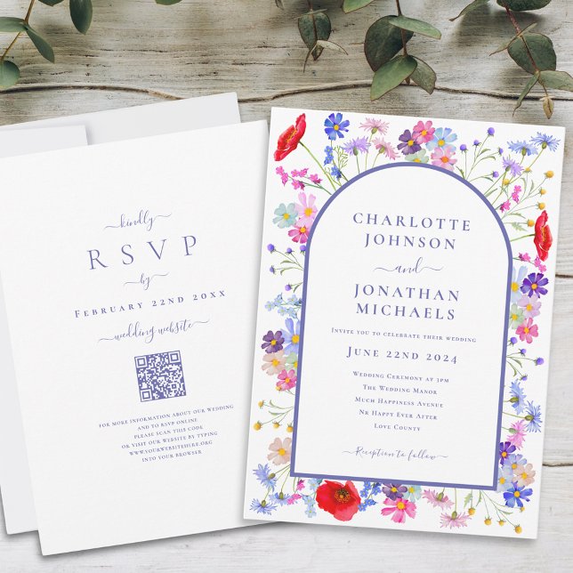 Website QR-Code der farbigen Wildblume Einladung (Colorful wildflower watercolor arch purple typography script wedding invitation with website qr code)