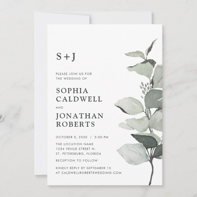 Website UAWG Eukalyptus Sage Monogram Wedding Einladung (Vorderseite)