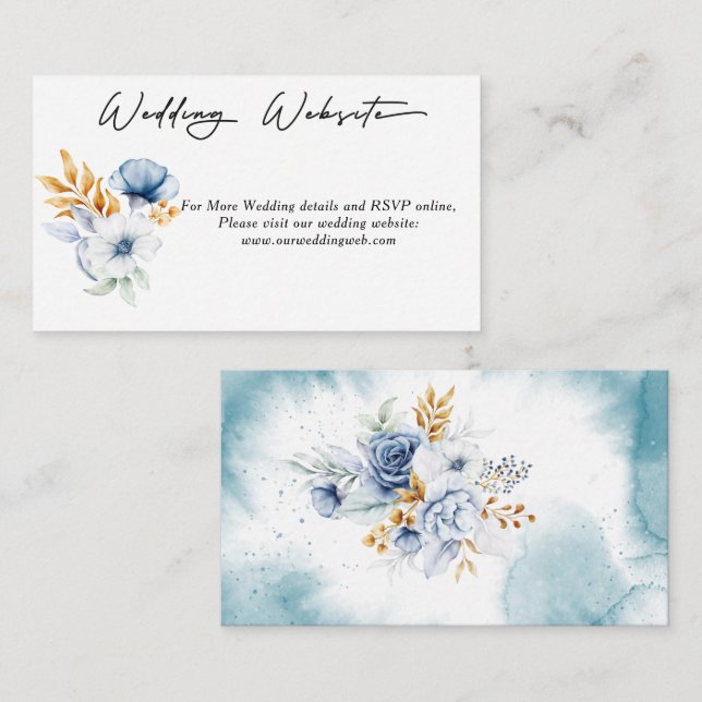 Website von Dusty Blue White Gold Floral Wedding Begleitkarte (Vorne/Hinten)