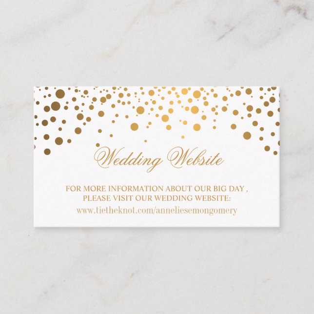 Website von Gold Confetti und White Wedding Begleitkarte (Vorderseite)