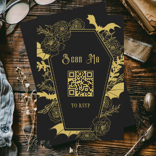 Website von Moody Black Gold Gothic Wedding QR Cod RSVP Karte