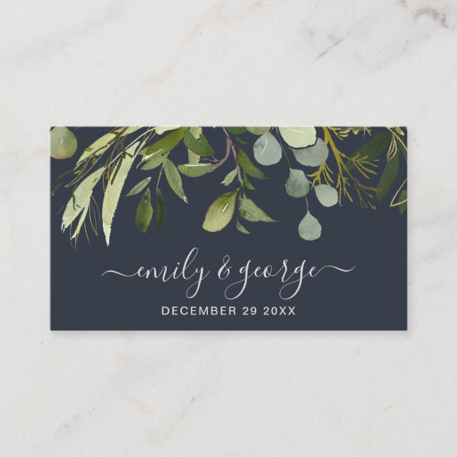 WEBSITE VON NAVY GREEN FOLIAGE WATERCOLOR WEDING VISITENKARTE (Vorderseite)