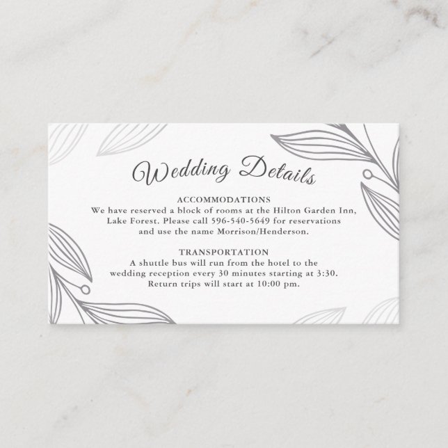 Website zu eleganten Silver Botanical Wedding Deta Begleitkarte (Vorderseite)