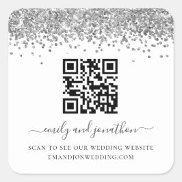 Website zum Hochzeitssehen von Silver Glitzer QR C Quadratischer Aufkleber