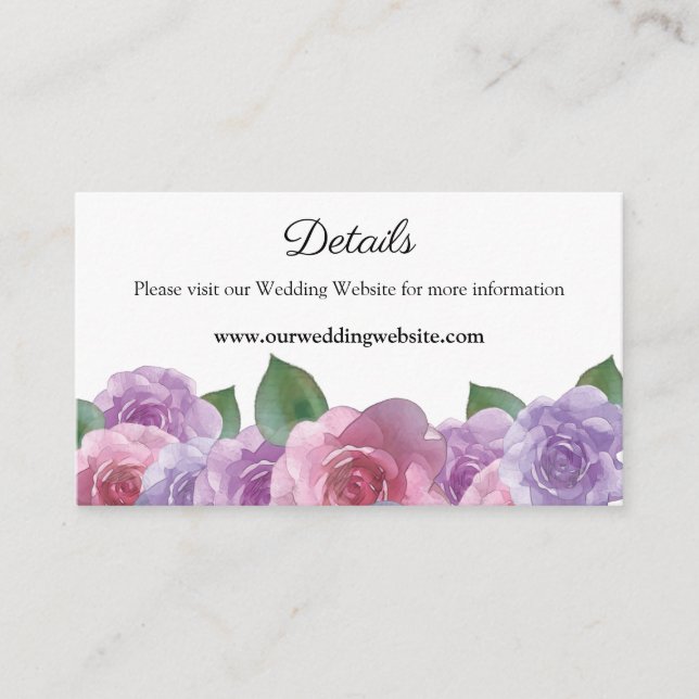 Website zur Blumenhochzeit in Lila Rose Begleitkarte (Vorderseite)