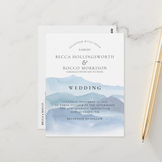 Website zur Einladung von Blue Watercolor zum Hoch Postkarte (Vorderseite/Rückseite Beispiel)
