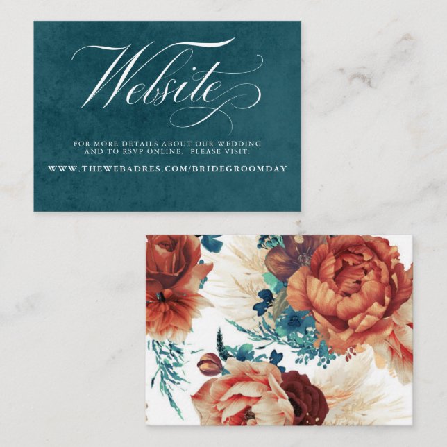 Website zur Hochzeit von aquamarinen und Terracott Visitenkarte (Vorne/Hinten)