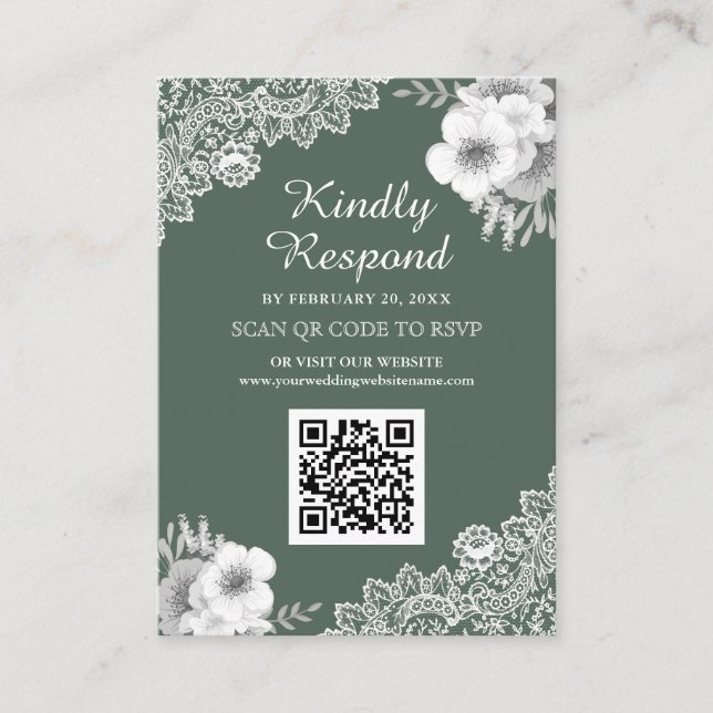 Website zur Hochzeit von Green Floral Lace QR Code Begleitkarte (Vorderseite)