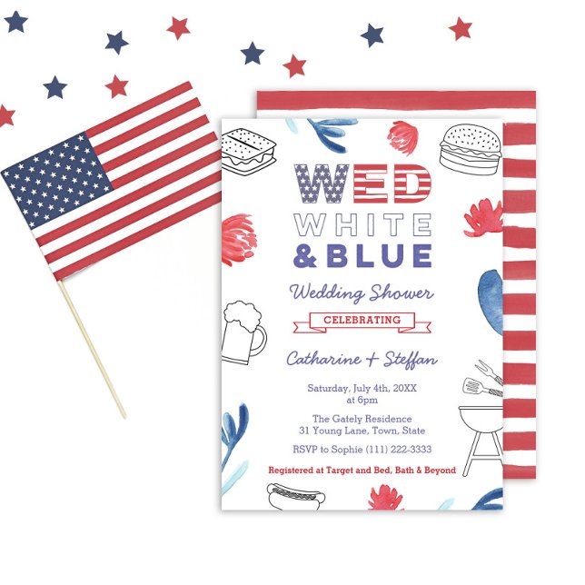 Wed White Blue GRILLEN Paare Dusche Probe Abendess Einladung (A Wed White And Blue BBQ Couples Wedding Shower Invitation)