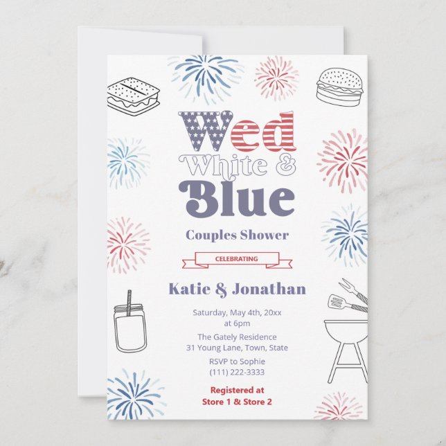 Wed White Blue Patriotic Paares Polterabend Einladung (Vorderseite)