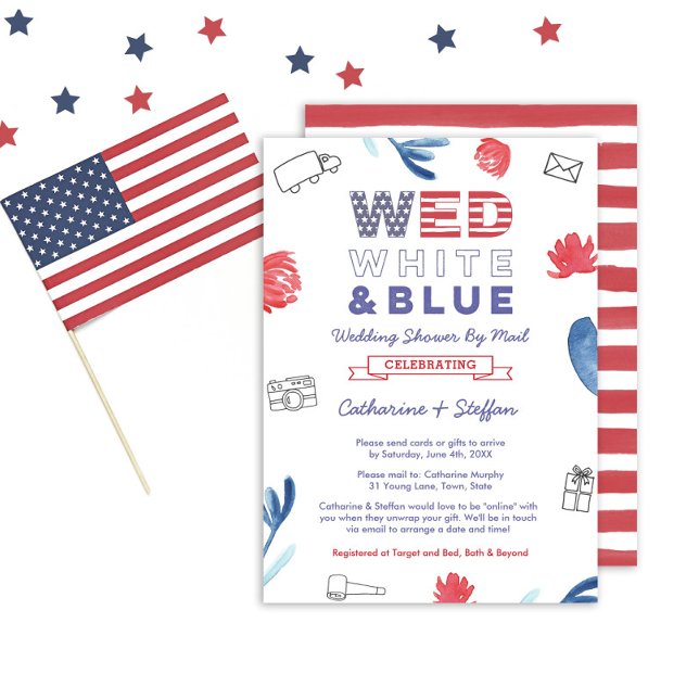 Wed White Blue Virtual Polterabend per Mail Einladung (A Wed White And Blue Virtual Online Wedding or Bridal Shower invitation)