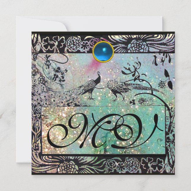 WEDD LIEBE VÖGEL MONOGRAM Black Aqua Blue Einladung (Vorderseite)