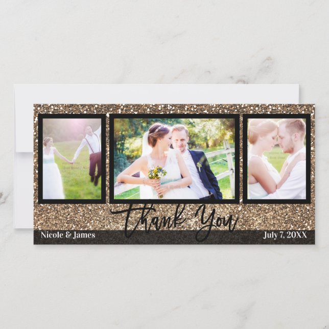 Wedding 3 Foto Picture Bronze Glitzer Vielen Dank Dankeskarte (Vorderseite)