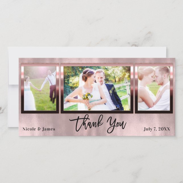 Wedding 3 Foto Picture Rose Gold Shine Vielen Dank Dankeskarte (Vorderseite)