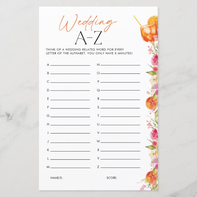 Wedding A-Z Bridal Shower Game First Spritz (Vorderseite)