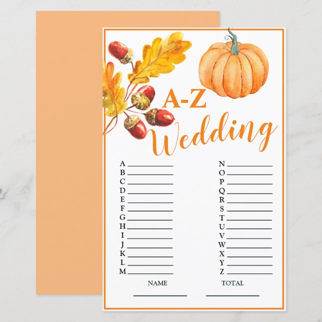 Wedding A-Z Fall Pumpkin Bridal Game (Vorne/Hinten)