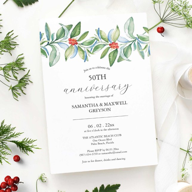 Wedding Anniversary Invitations Christmas Greenery Einladung (50th Anniversary Invitations watercolor winter red berries and greenery art by Victoria Grigaliunas)