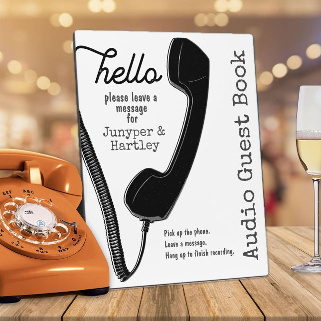 Wedding Audio Gästebuch Black Phone auf White 8x10 Fotoplatte (Hello - Wedding Audio Guest Book Sign in White)