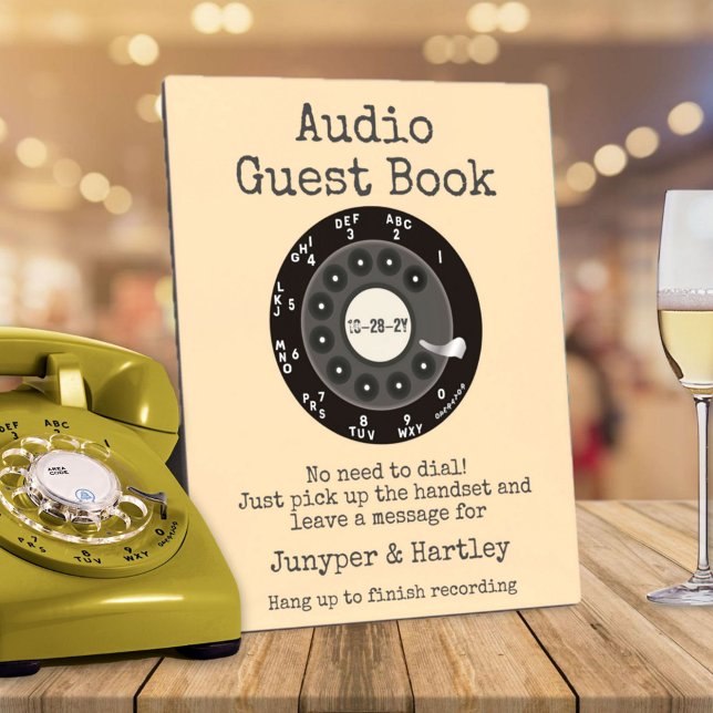 Wedding Audio Guest Book Black Rotary Ivory Cream Fotoplatte (Audio Guest Book Personalized 8x10 easel sign - black rotary dial- ivory cream background)