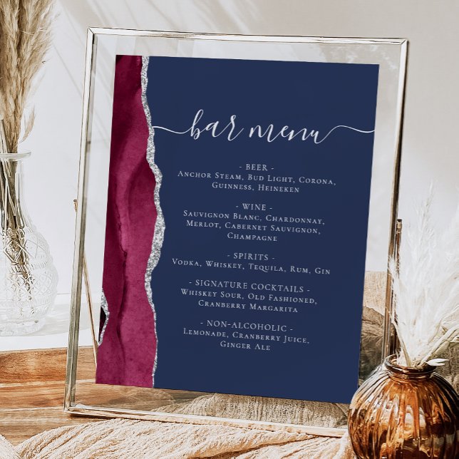 Wedding Bar Menu Burgundy Silver Agate Navy Blue P Poster (Von Creator hochgeladen)