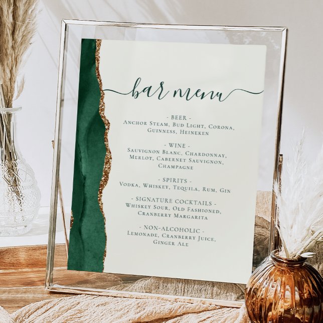 Wedding Bar Menu Emerald Green Gold Agate Ivory Poster (Von Creator hochgeladen)