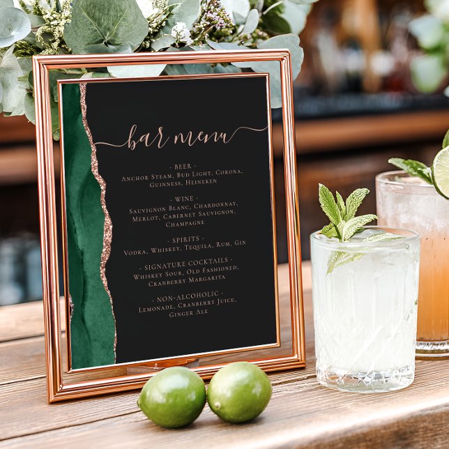 Wedding Bar Menu Emerald Rose Gold Agate Dark Poster (Von Creator hochgeladen)