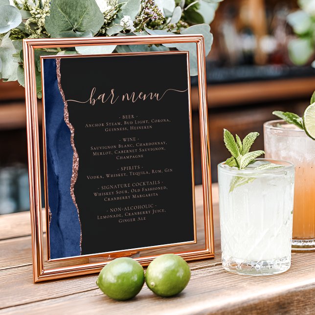 Wedding Bar Menu Navy Blue Rose Gold Agate Dark Poster (Von Creator hochgeladen)