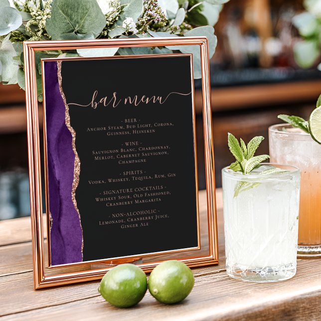 Wedding Bar Menu Purple Rose Gold Agate Dark Poster (Von Creator hochgeladen)