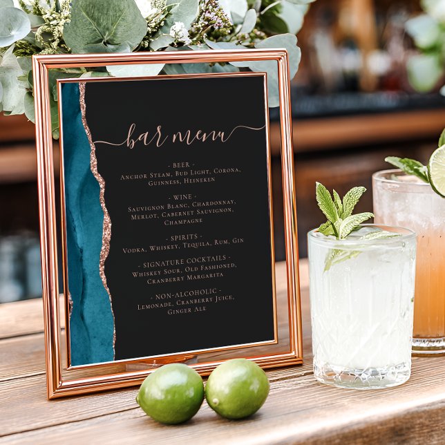 Wedding Bar Menu Teal Blue Rose Gold Agate Dark Poster (Von Creator hochgeladen)