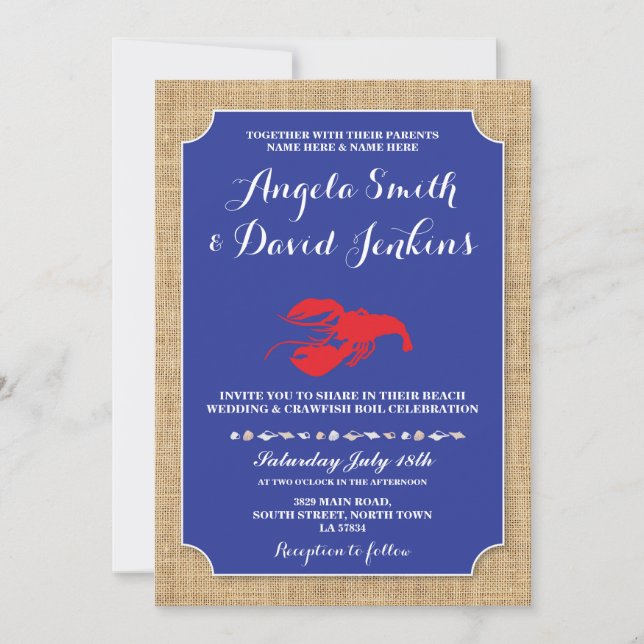 Wedding Beach Burlap Crawfish Boil Lobster Einladu Einladung (Vorderseite)