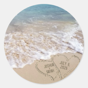 Wedding Beach Hearts Runder Aufkleber