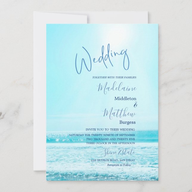 Wedding Beach Ocean Scene Blue Modern Stilvoll Einladung (Vorderseite)