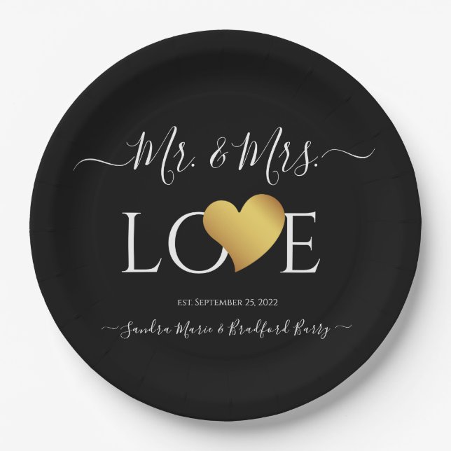Wedding Black Gold Heart Script Name Mr. und Mrs. Pappteller (Vorderseite)