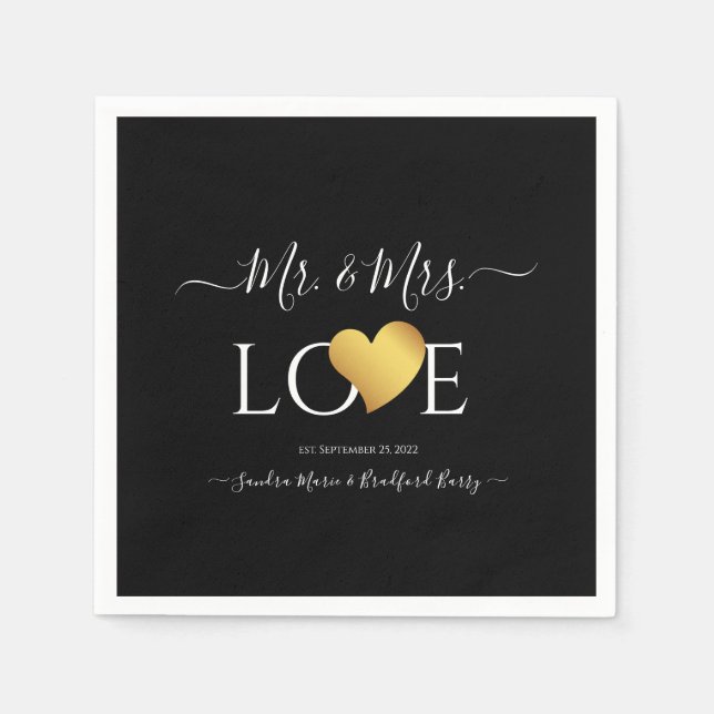 Wedding Black Gold Heart Script Name Mr. und Mrs. Serviette (Vorderseite)