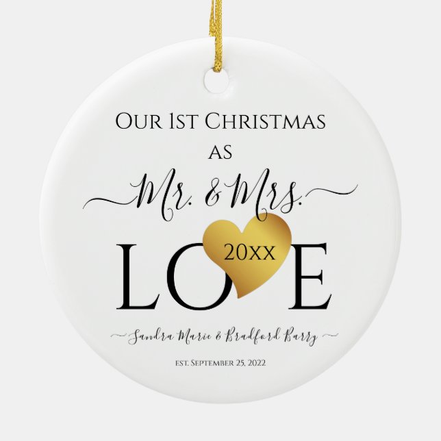 Wedding Black Gold Heart Weihnachten Name Mr. Mrs. Keramik Ornament (Hinten)