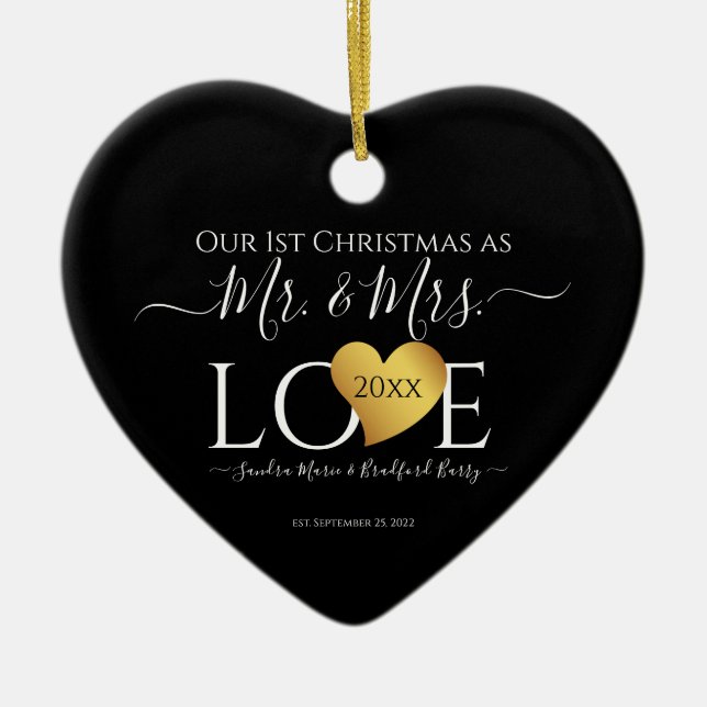 Wedding Black Gold Herbst Weihnachtsname Mr. Mrs. Keramik Ornament (Vorne)