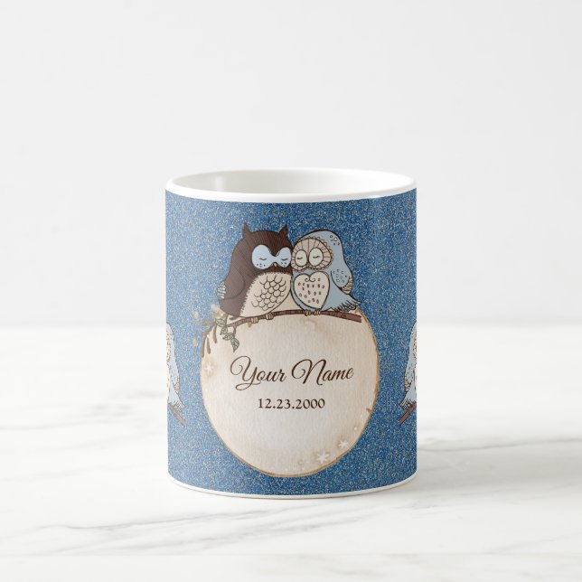 Wedding Blue Brown Owl Glitter Beautiful Kaffeetasse (Mittel)