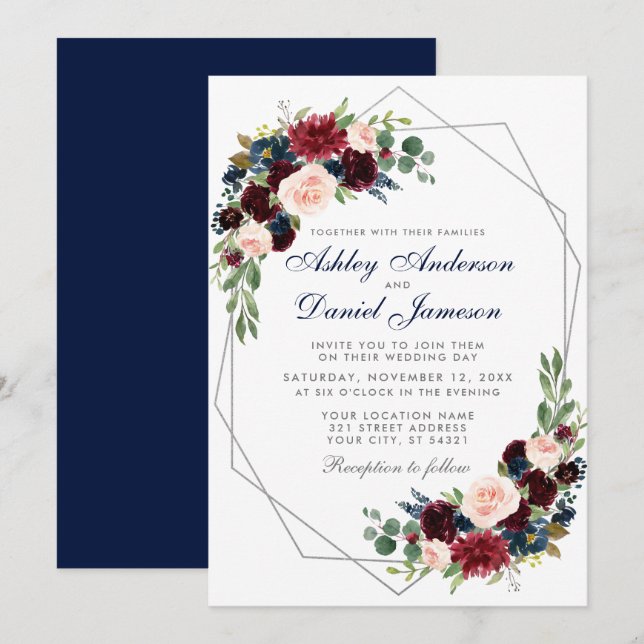 Wedding Blue Burgundy Floral Geometric Silver Einladung (Vorne/Hinten)