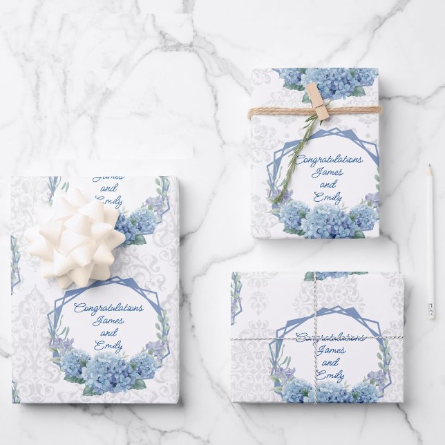 Wedding Blue Hydrangeas Personalisieren von Namen  Geschenkpapier Set (Von Creator hochgeladen)