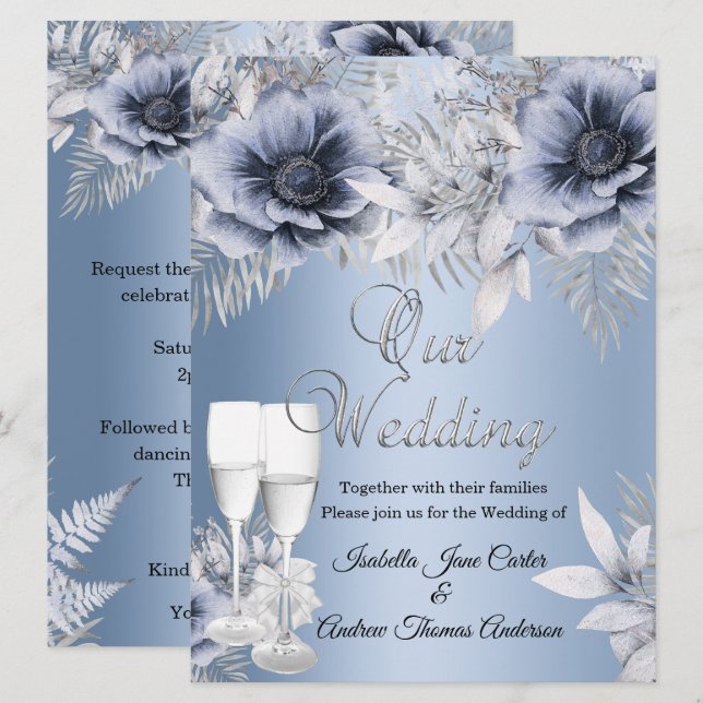 Wedding Blue Silver Floral Bouquet Champagne Einladung (Vorne/Hinten)