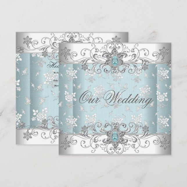 Wedding Blue Silver White Diamond Jewel Lace Einladung (Vorne/Hinten)