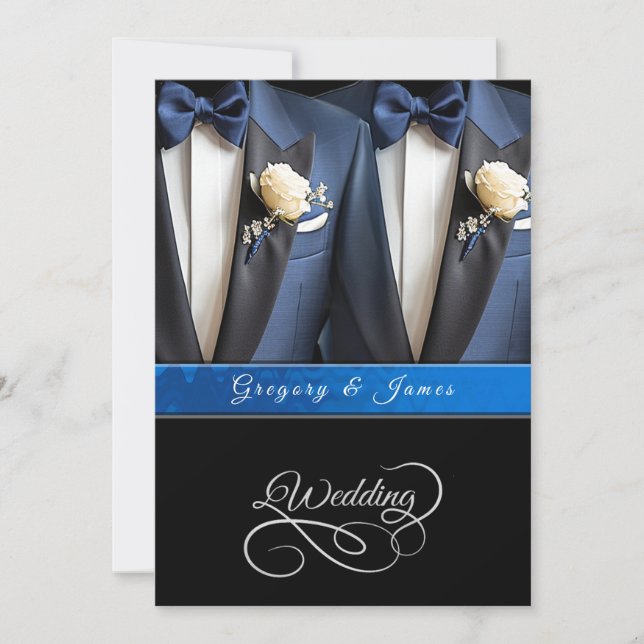 Wedding Blue Tuxedos White Roses Einladung (Vorderseite)