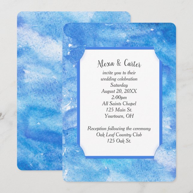 Wedding Blue Watercolor Abstrakt Einladung (Vorne/Hinten)
