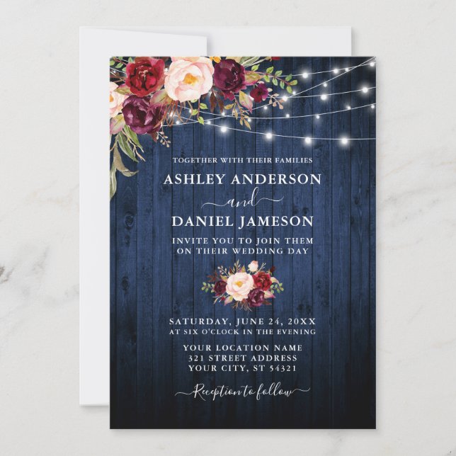 Wedding Blue Wood Burgundy Blues String Lights Einladung (Vorderseite)