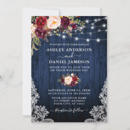 Wedding Blue Wood Burgundy Blumen Lights Lace Einladung