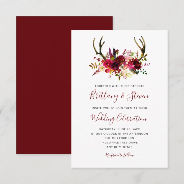 Wedding Boho Burgunder Aquarell-Blumengeweihe Einladung (Vorne/Hinten)