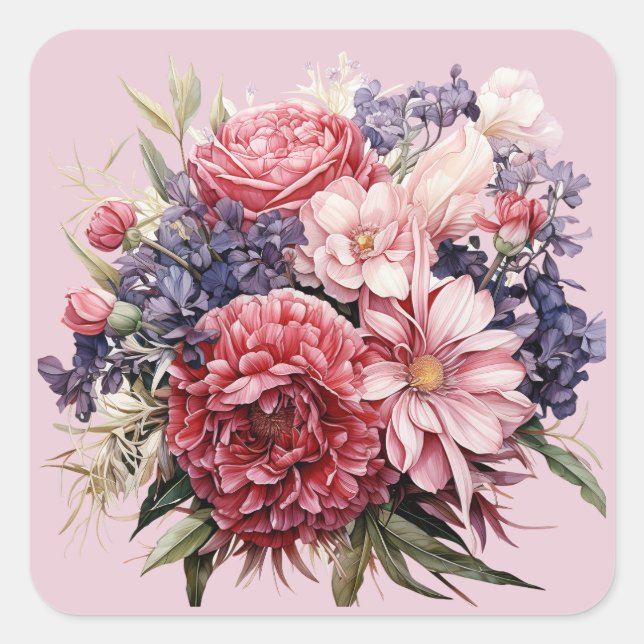 Wedding Bouquet Burgundy Pink Lila Quadratischer Aufkleber (Vorderseite)