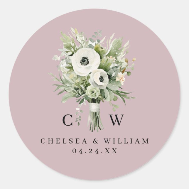 Wedding Bouquet Monogram Runder Aufkleber (Vorderseite)